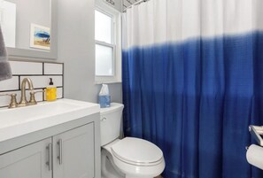 Hair dryer, towels, soap, shampoo