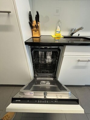 Kühlschrank, Mikrowelle, Herdplatte, Geschirrspüler