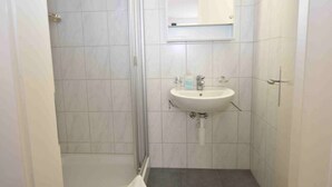 A small bathroom with a shower, a sink, and a mirror. - Studio at famous location  - Stork 21 (Zürich)