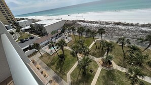 Un hotel con piscina, palmeras y vistas a la playa y al océano.