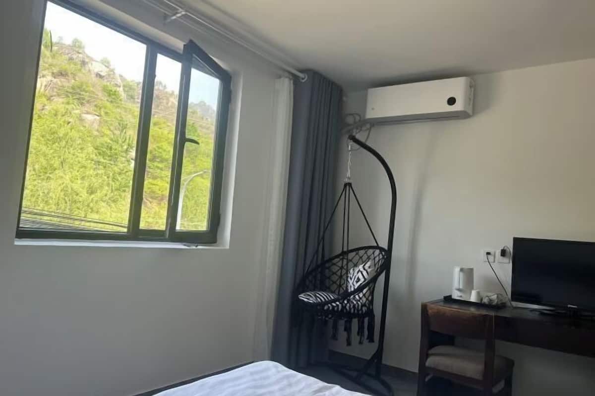 A room with a bed, a desk with a TV, a hanging chair, and a window with a view of greenery.