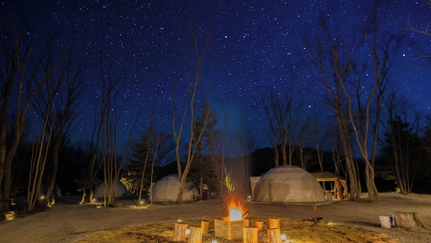 A starry night sky with a campfire in the foreground, surrounded by bare trees and covered structures. - NAGOMI CAMP (Nasushiobara)