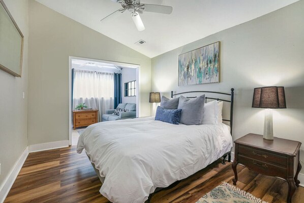 2 bedrooms, desk, iron/ironing board, travel crib