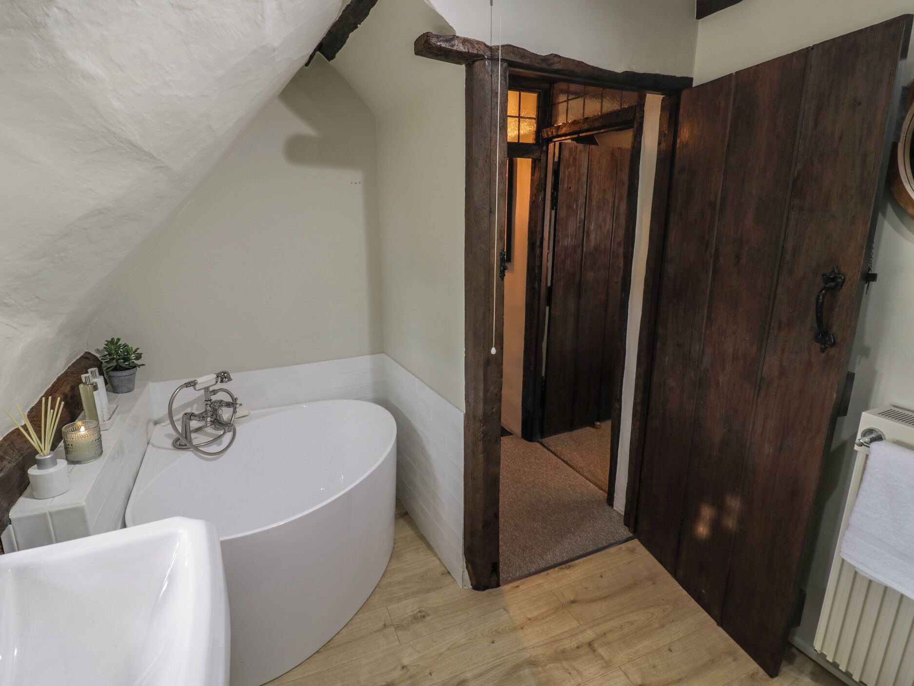 Une salle de bain avec une baignoire sur pieds, une porte en bois et une petite plante en pot.
