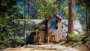 Un chalet rustique avec une porte en bois et un petit porche, entouré d’arbres.