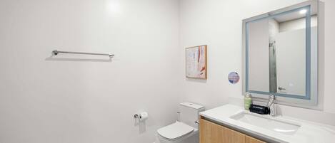 A modern bathroom with a toilet, sink, and mirror.