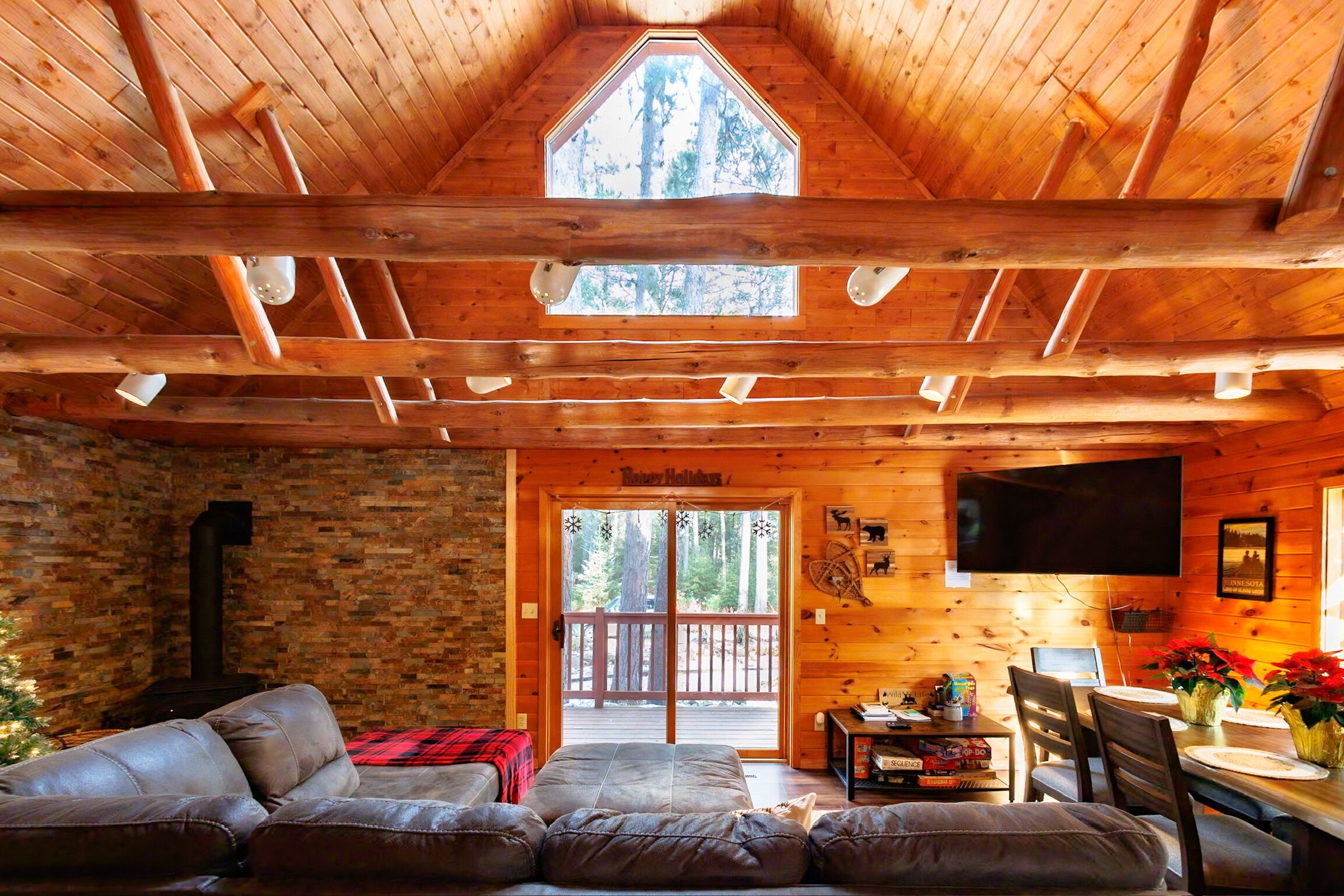 Smart TV, fireplace, books, offices