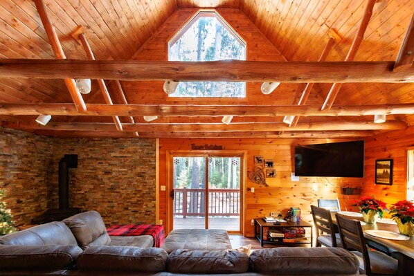 Smart TV, fireplace, books, offices