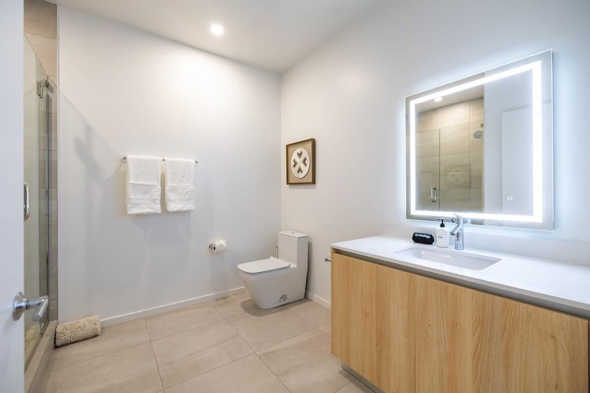 A modern bathroom with a shower, toilet, and vanity.