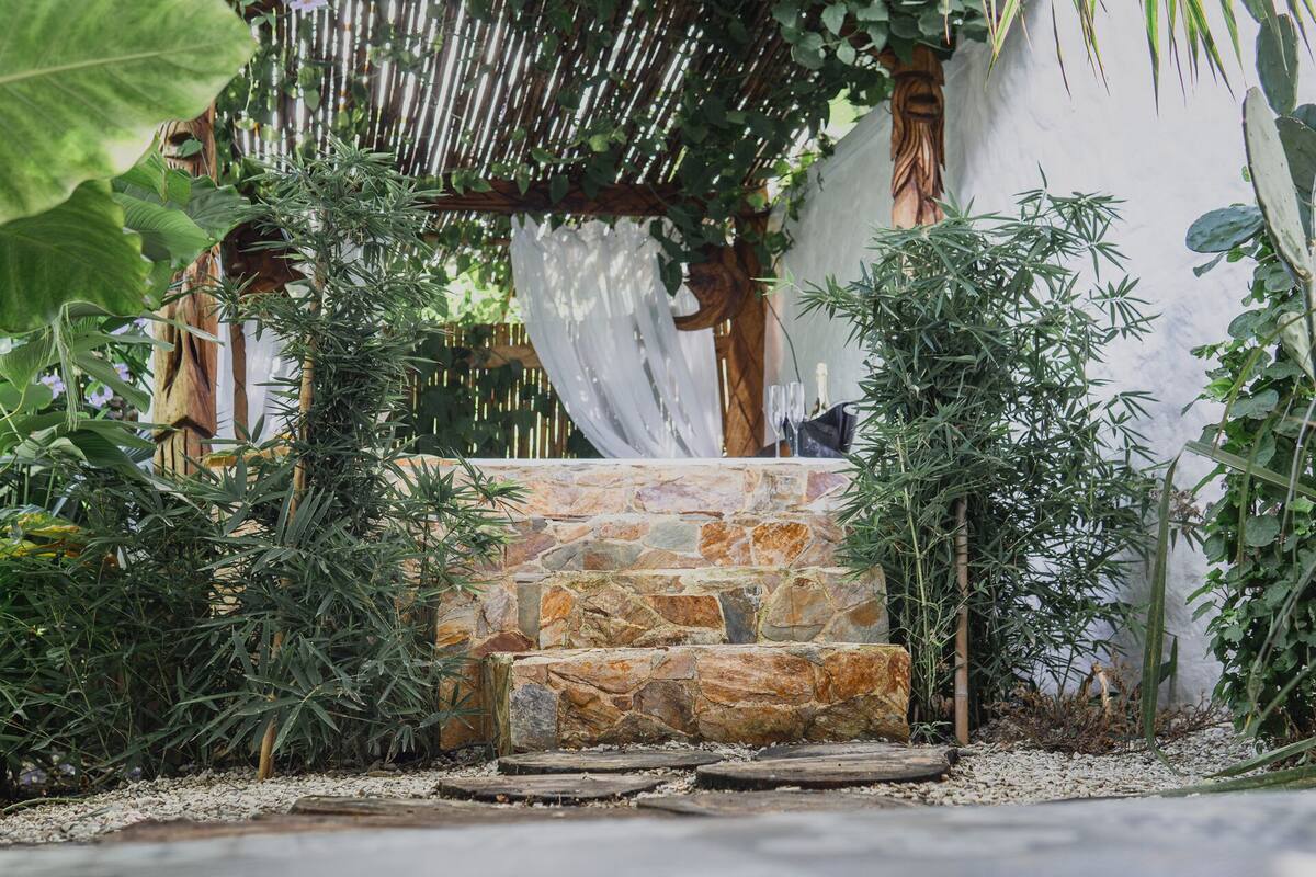 A stone staircase leading up to a wooden door, surrounded by lush greenery and a bamboo fence.