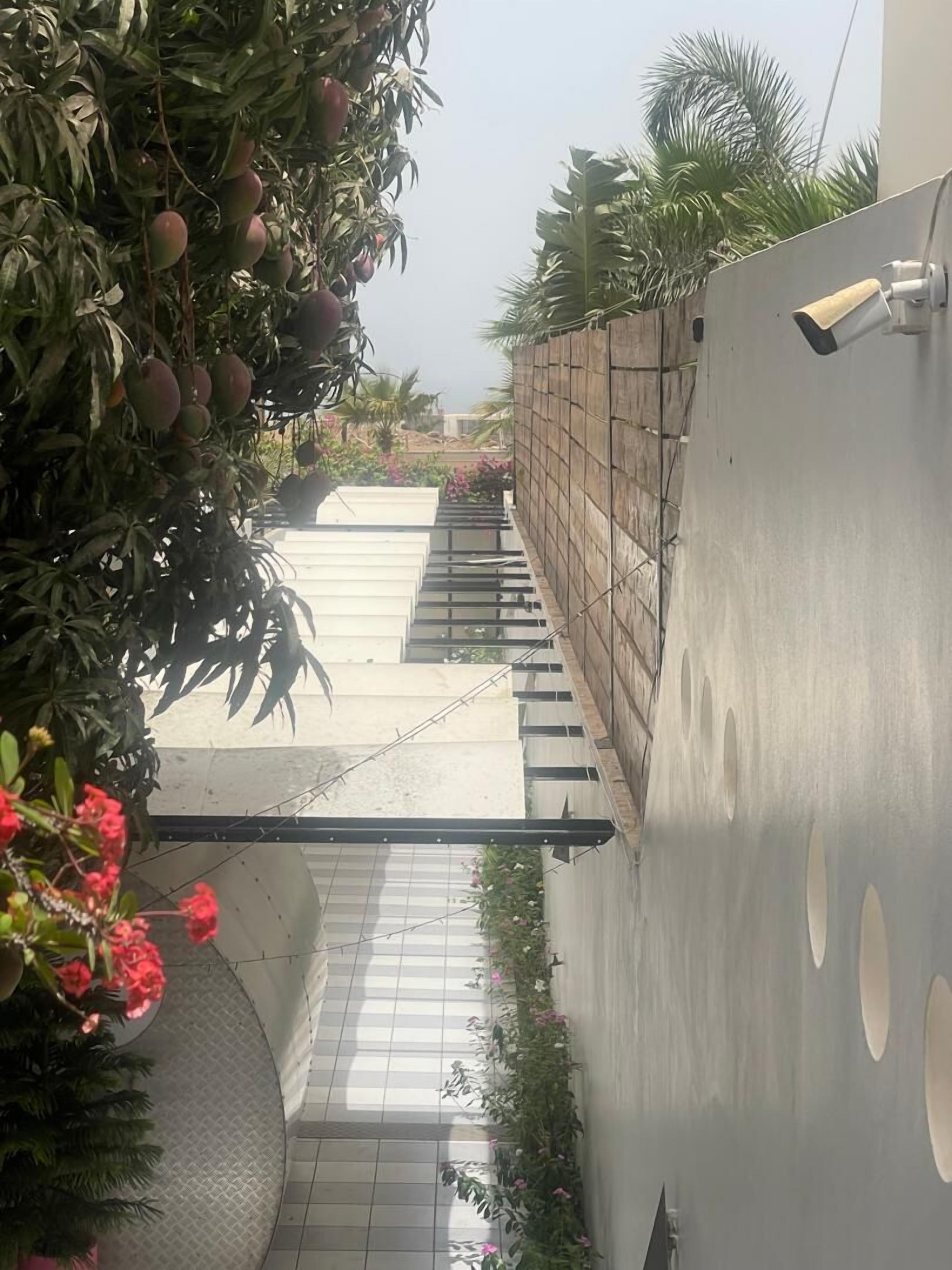 A view of a building with a metal gate, a tiled pathway, and a wall with circular cutouts.