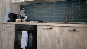 A modern kitchen with a gas stove, oven, and a stainless steel sink. - Le Terrazze sul Sale - Studio Apartment 2 (Salinagrande)