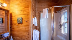 Un baño de cabaña de madera con ducha, lavamanos y espejo.