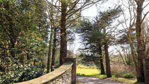 A stone wall with a sign reading "Colmer" leading into a forested area. - Millers Loft (Ivybridge)