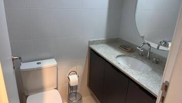 Secador de cabelo, toalhas de banho, sabonete, papel higiênico