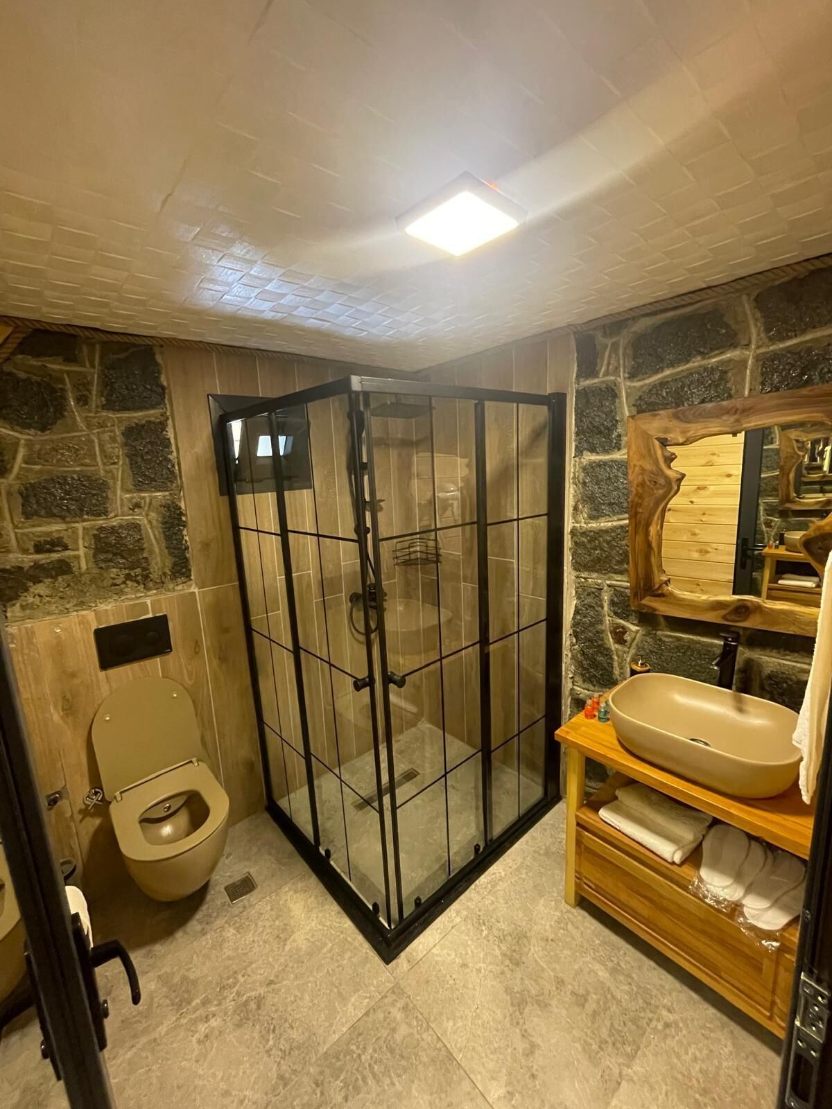 Un baño con ducha de vidrio, inodoro y lavabo con tocador de madera.