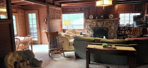 TV connectée, cheminée, livres