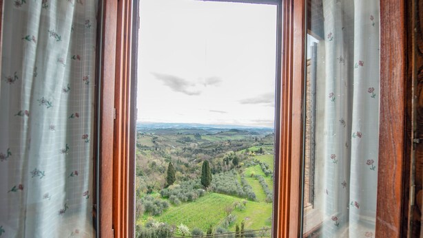Janela com vista para uma paisagem verde, cortinas e moldura de madeira.
