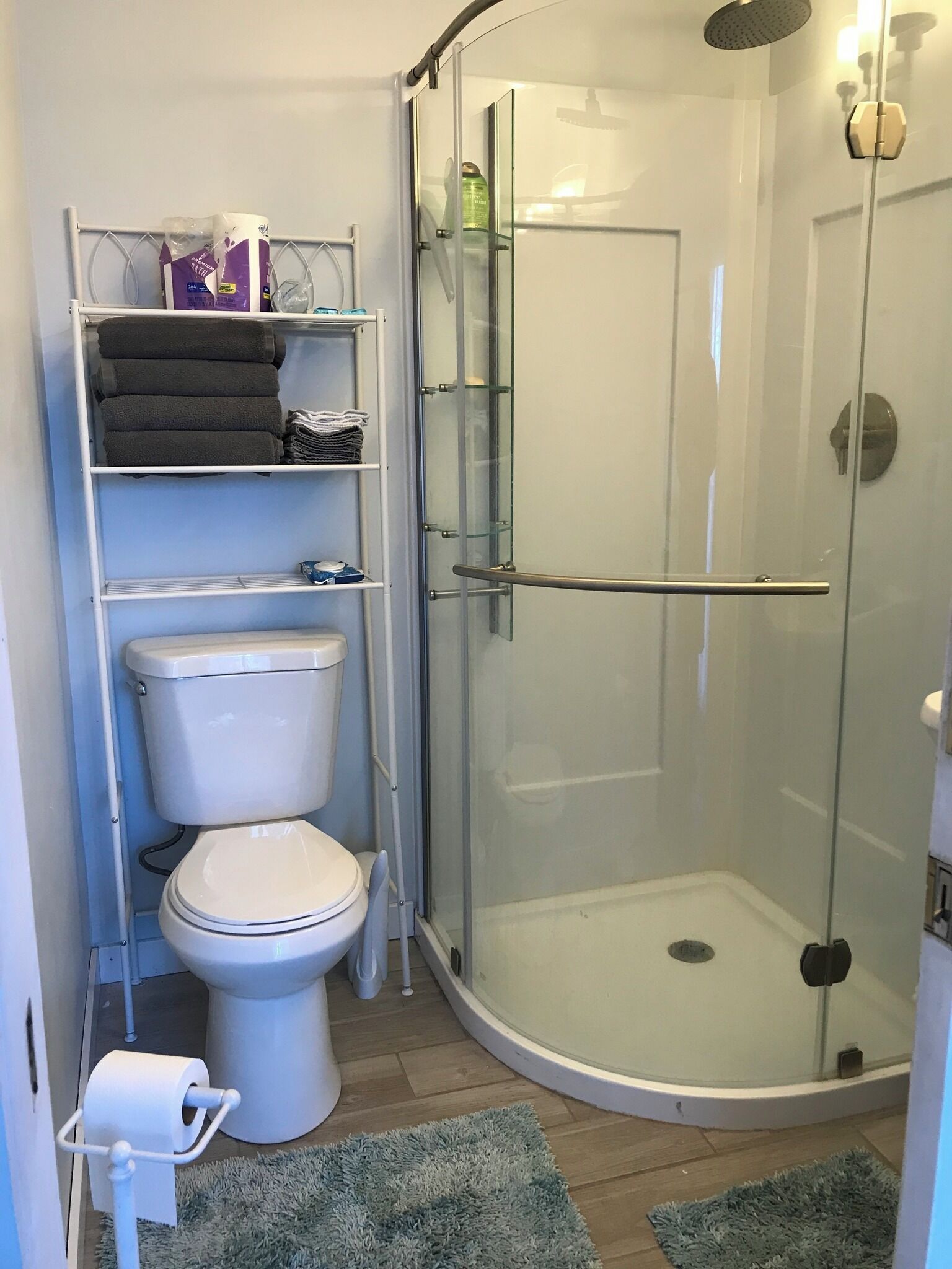 Hair dryer, towels, soap, toilet paper