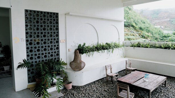 Et moderne interiør med hvid væg, perforeret panel, vase, potteplanter, en træbænk og et bord med flasker.