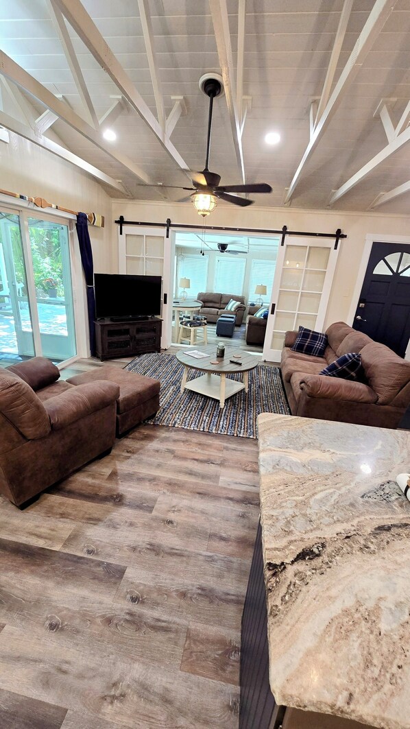 Smart TV, fireplace, books