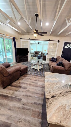 Smart TV, fireplace, books