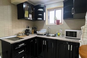 Fridge, microwave, stovetop, electric kettle