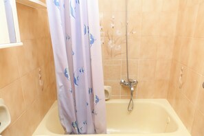 Hair dryer, towels, soap, shampoo