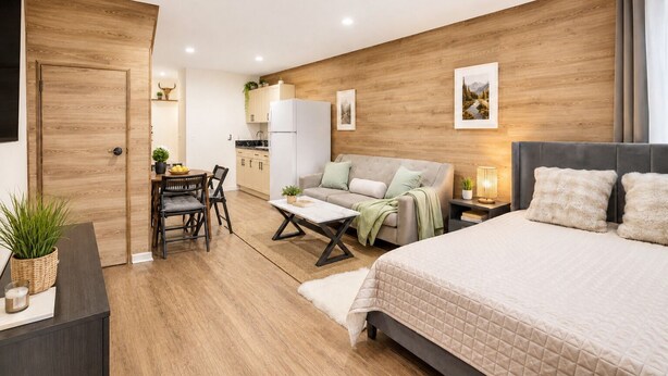 Un espacio habitable moderno y compacto con kitchenette, comedor y dormitorio.