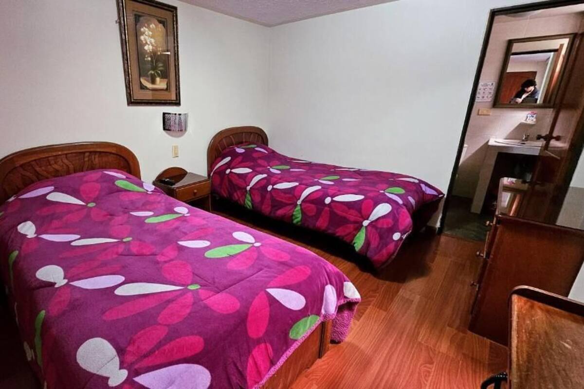 Ein Schlafzimmer mit zwei Einzelbetten, Holz-Kopfteilen, einem Nachttisch, einer Kommode, einem Spiegel und einem gerahmten Bild an der Wand.
