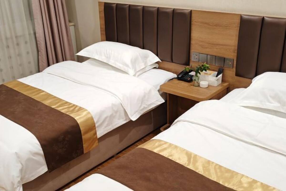Een hotelkamer met twee bedden, elk voorzien van witte beddengoed en bruine accenten. Er staat een houten nachtkastje met een telefoon, afstandsbedieningen en een kleine plant.