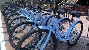 A row of blue bicycles parked on a wooden deck with red umbrellas overhead.