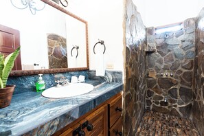 Hair dryer, towels, soap, toilet paper