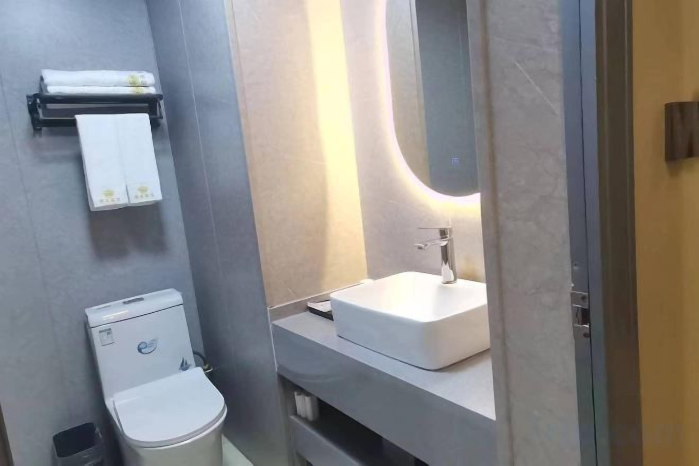 A bathroom with a toilet, sink, and mirror.