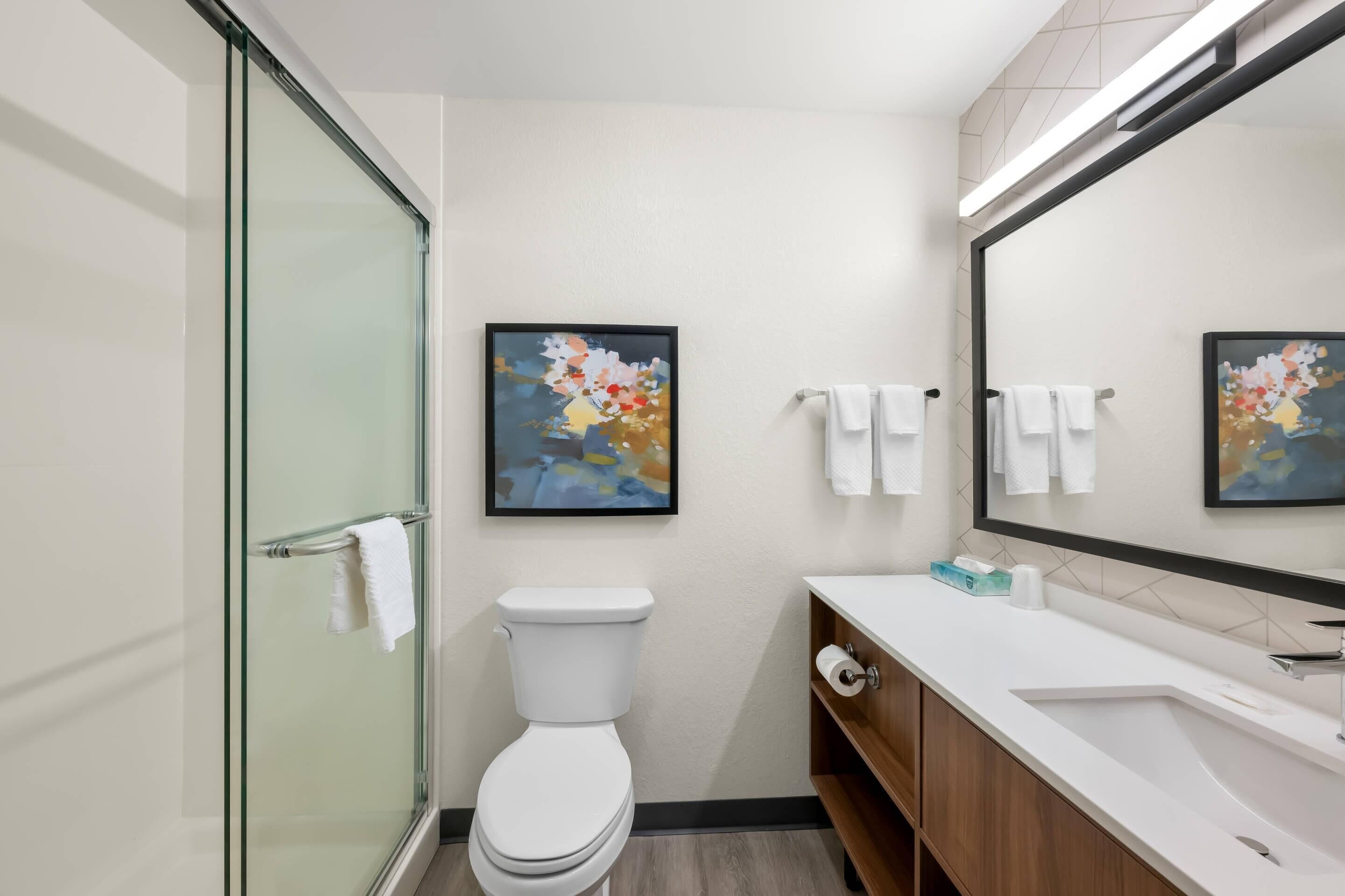 A modern bathroom with a glass shower enclosure, a white toilet, a wooden vanity with a white sink, and two framed abstract paintings on the walls.