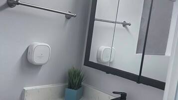 Hair dryer, bidet, towels, soap