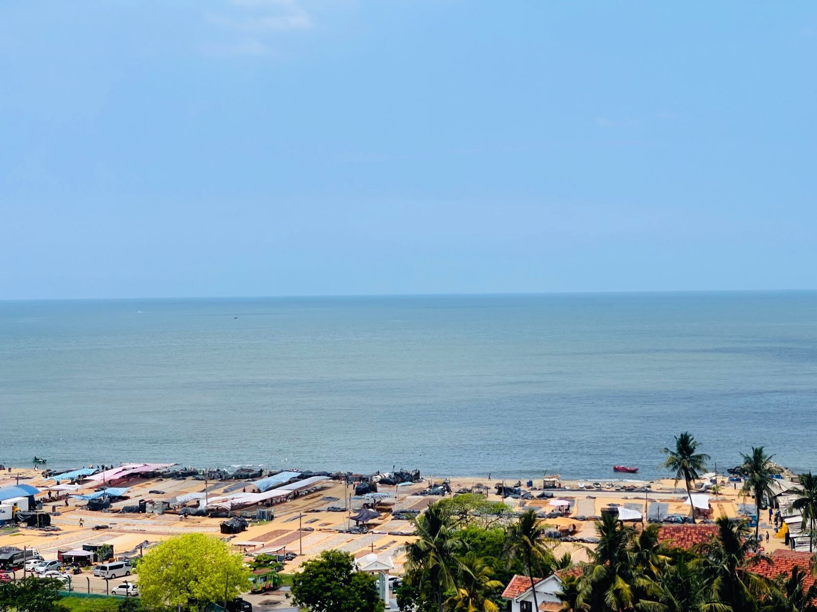 A coastal town with a beach area, buildings, and palm trees.