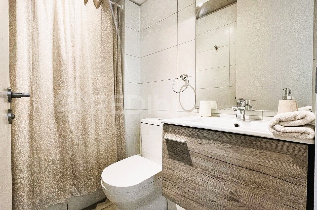 A bathroom with a toilet, a sink with a mirror, and a shower curtain.