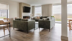 A modern living room with a fireplace, two sofas, a TV, and a view of the outdoors.