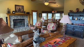 Smart TV, fireplace, DVD player, books