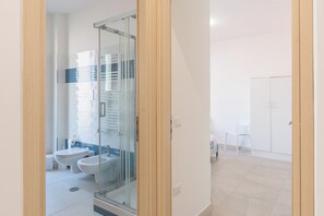 Shower, hair dryer, bidet, towels