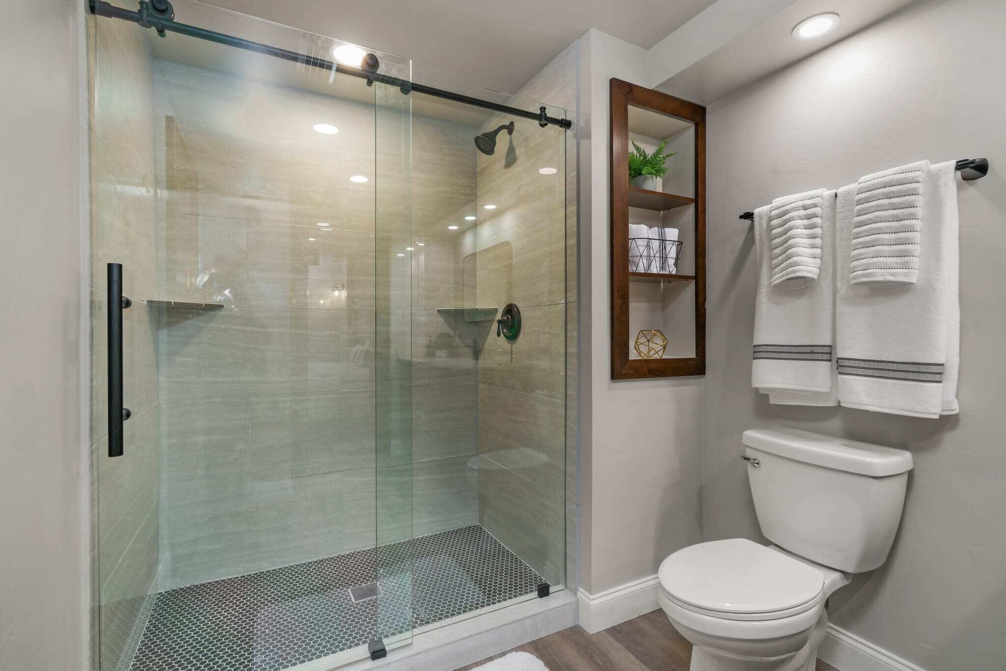 Shower, hair dryer, towels