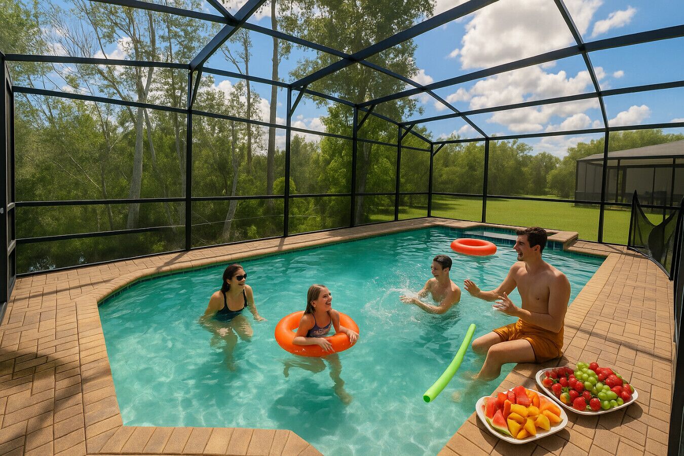 An indoor swimming pool with clear blue water, surrounded by a metal fence, and a grassy area visible through the fence.