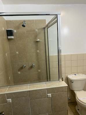 Baignoire, serviettes fournies, savon, shampoing