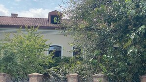 A building with a tiled roof, a window with a dark frame, and a brick wall with a metal gate. - Elegant and Cozy Appartement with Wifi and Garden in Heart of Charming Telavi (Telavi)
