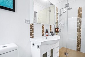 Shower, hair dryer, towels