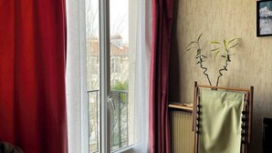 Une pièce avec une grande fenêtre, des rideaux rouges, un radiateur et une petite plante.