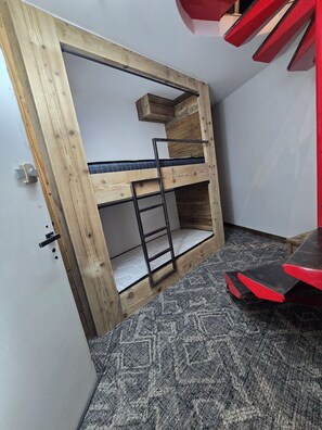 A bunk bed with a ladder, a door with a handle, and a patterned carpet.