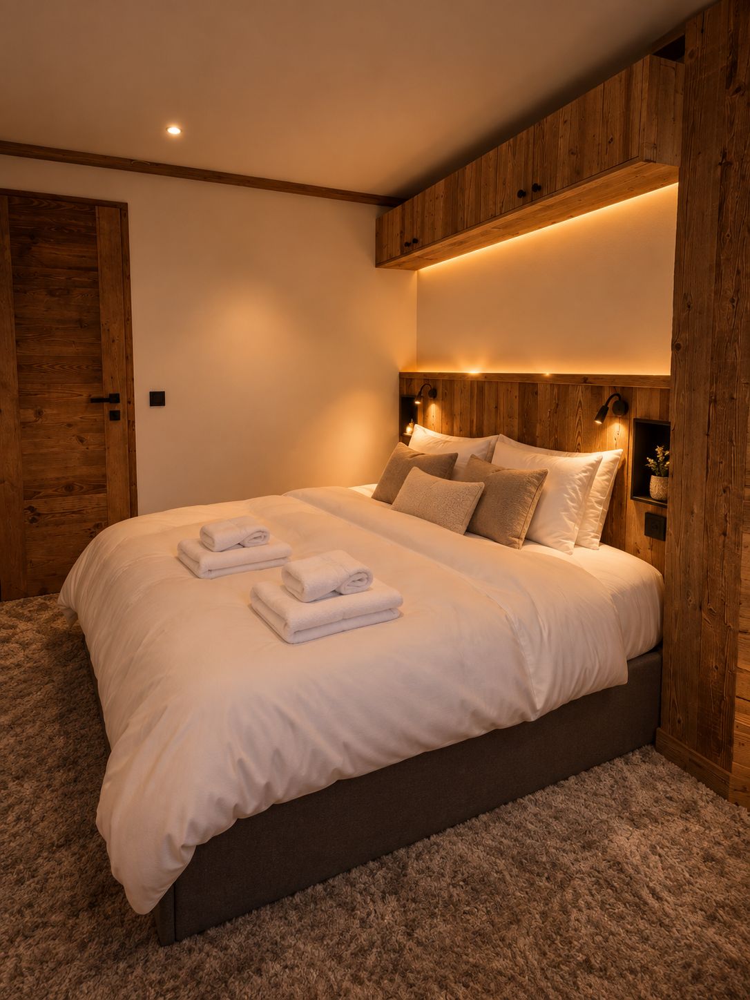 Un dormitorio con una cama grande, cabecera de madera y lámparas de noche.