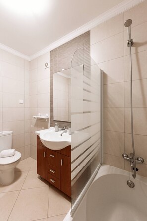 Hair dryer, towels, toilet paper